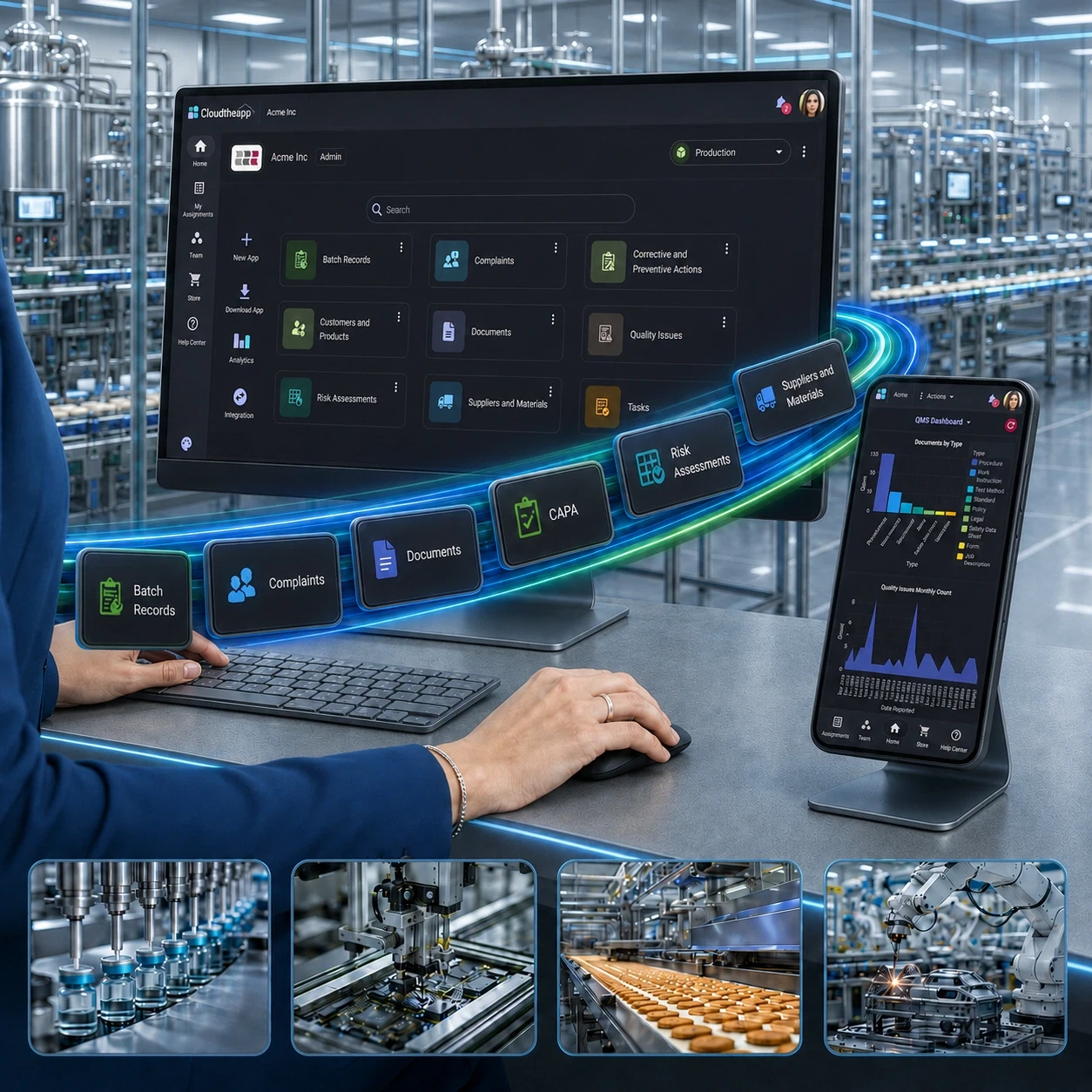 The Cloudtheapp QMS on a monitor and a phone on a production floor β batch records, complaints, CAPA and document apps beside a quality dashboard β above the industries it serves: pharmaceutical, electronics, food and automotive manufacturing.