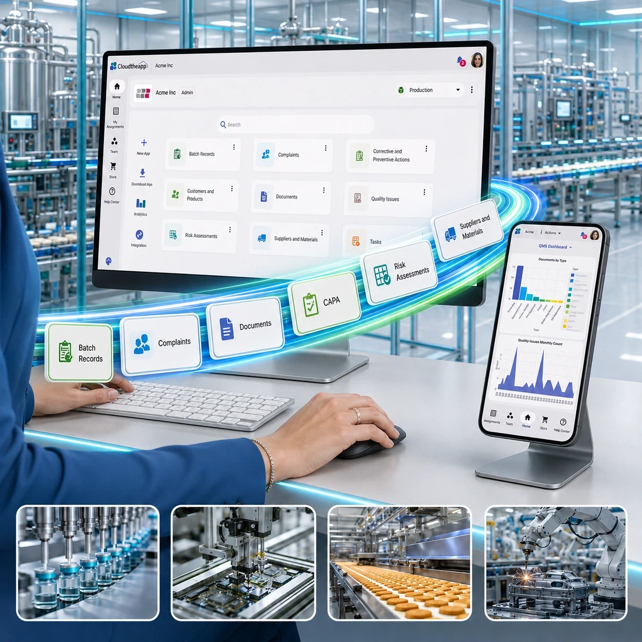 The Cloudtheapp QMS on a monitor and a phone on a production floor β batch records, complaints, CAPA and document apps beside a quality dashboard β above the industries it serves: pharmaceutical, electronics, food and automotive manufacturing.